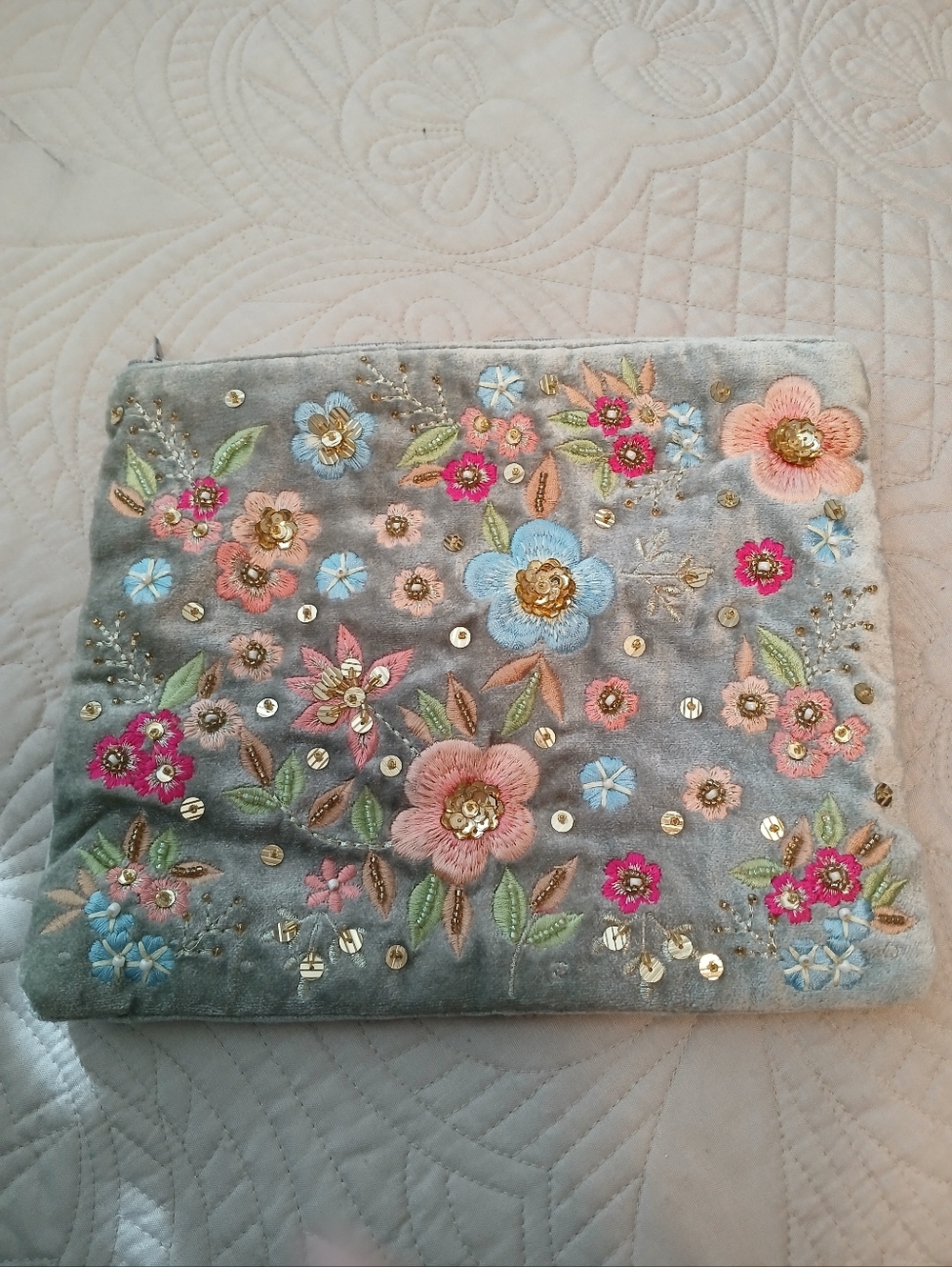 Gray Embellished velvet Zipper Pouch